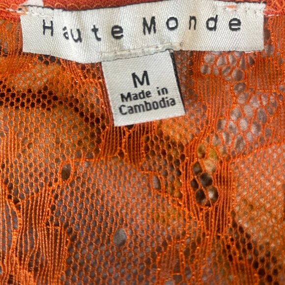 Haute Monde Orange Lace Flutter Sleeve Sheer Blouse Summer Romantic M - Picture 3 of 10
